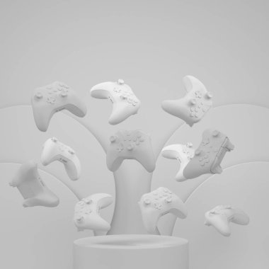 Silindir podyumda tek renkli arka planda basamakları olan bir oyun kumandası seti. Bulut oyunu ve oyun alanı çalışma alanı konsepti için 3D görüntüleme ürünü gibi