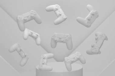 Silindir podyumda tek renkli arka planda basamakları olan bir oyun kumandası seti. Bulut oyunu ve oyun alanı çalışma alanı konsepti için 3D görüntüleme ürünü gibi