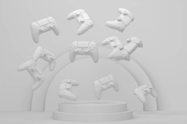 Silindir podyumda tek renkli arka planda basamakları olan bir oyun kumandası seti. Bulut oyunu ve oyun alanı çalışma alanı konsepti için 3D görüntüleme ürünü gibi