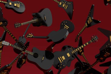 Uçan elektro gitarların çoğu siyah arka planda izole edilmiştir. Müzik dükkanı için İspanyol gitarlı rock festivali posterinin 3D canlandırması