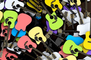 Beyaz arka planda izole edilmiş uçan akustik gitar yığını. Müzik dükkanı için İspanyol gitarlı rock festivali posterinin 3D canlandırması