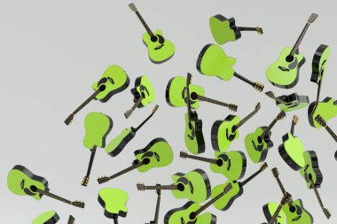 Birçok uçan akustik gitar beyaz arka planda izole edilmiştir. Müzik dükkanı için İspanyol gitarlı rock festivali posterinin 3D canlandırması