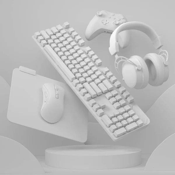 Set of video game joystick, keyboard, mouse and headphones on cylinder podium on monochrome background. 3d render of display product like streaming gear for cloud gaming and gamer workspace
