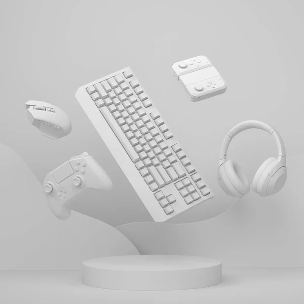 Set of video game joystick, keyboard and headphones on cylinder podium on monochrome background. 3d render of display product like streaming gear for cloud gaming and gamer workspace
