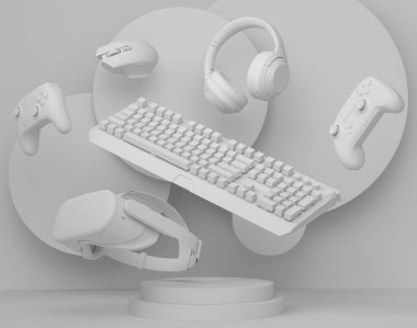 Oyun kumandası, klavye ve kulaklıklar silindir podyumda tek renkli arka planda. Bulut oyunu ve oyuncu çalışma alanı için akış teçhizatı gibi 3D görüntüleme ürünü