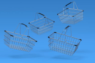 Mavi arka planda süpermarketten uçan metal tel alışveriş sepeti seti. 3D canlandırma konsepti online alışveriş ve Kara Cuma indirimi