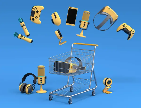 Flying gamer gears like mouse, web camera, joystick, headset, VR Headset in shopping carts and basket on blue background. 3d render of sale, shopping and delivery of accessories for live streaming