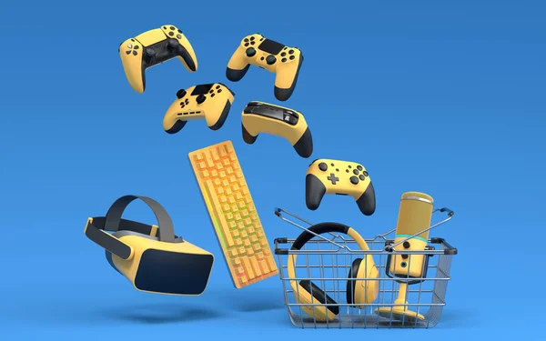 Gamer gears like mouse, keyboard, joystick, headset, VR Headset in metal wire basket on blue background. 3d render concept of sale, discount, shopping and delivery of accessories for live streaming