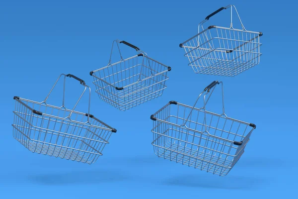 Set of flying metalwire shopping basket from supermarket on blue background. 3d render concept of online shopping and black friday sale