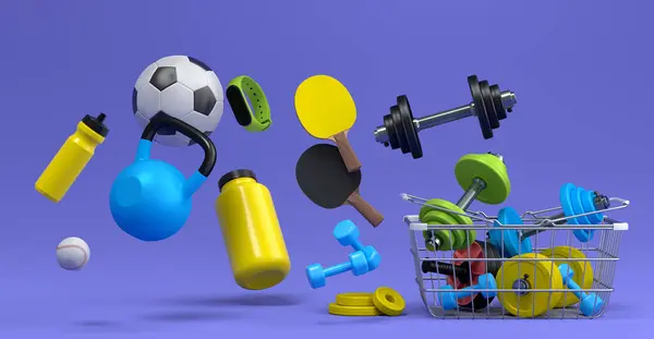 Sport equipment for fitness, gym, crossfit in shopping basket on violet background. 3d render of power lifting and fitness concept