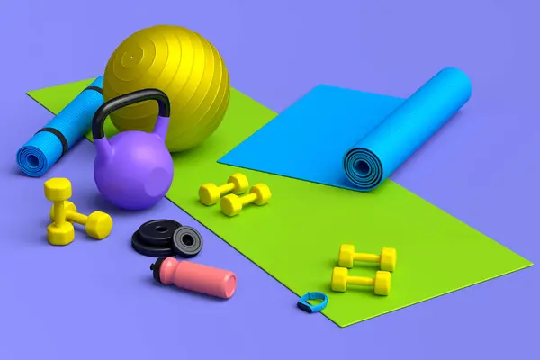 Isometric view of sport equipment like yoga mat, kettlebell, fitness ball and smart watches on violet background. 3d render of power lifting and fitness concept