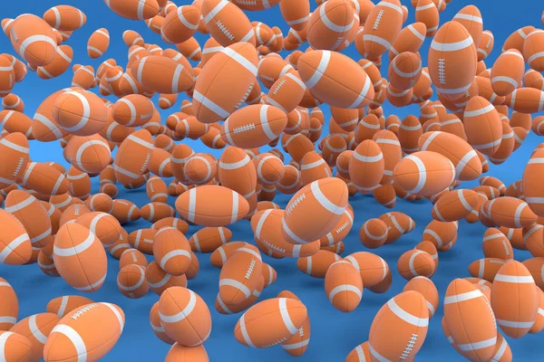 Many of flying orange american football ball falling on blue background. 3d render of sport accessories for team playing games, exercise and competition