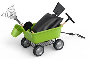 Bahçe el arabası, kürek, su kovası ve beyaz arka planda çatal gibi aletler. El arabası ya da direksiyonlu bir araba. Kargo taşımacılığı için 3D tarım bahçesi oluşturma aracı.