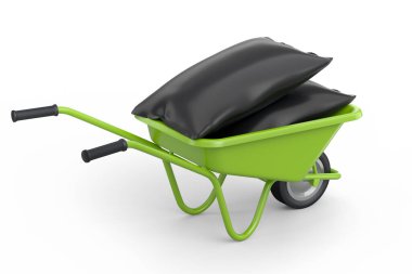 Garden wheelbarrow isolated on white background. Handcart or cart with bags. 3d render of farm gardening tool for carriage of cargoes.