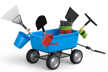 Bahçe el arabası, kürek, su kovası ve beyaz arka planda çatal gibi aletler. El arabası ya da direksiyonlu bir araba. Kargo taşımacılığı için 3D tarım bahçesi oluşturma aracı.