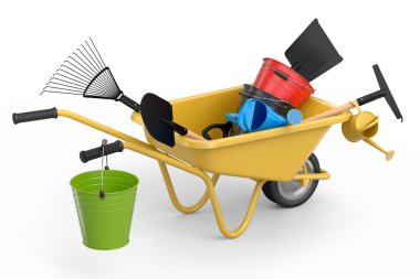 Bahçe el arabası, kürek, su kovası ve beyaz arka planda çatal gibi aletler. El arabası ya da direksiyonlu bir araba. Kargo taşımacılığı için 3D tarım bahçesi oluşturma aracı.