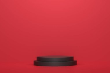 Kırmızı arka planda basamakları olan siyah silindir bir podyum. Ürün gösterimi için soyut gerçekçi geometrik kaide veya platformun 3 boyutlu canlandırması. En küçük sahne.