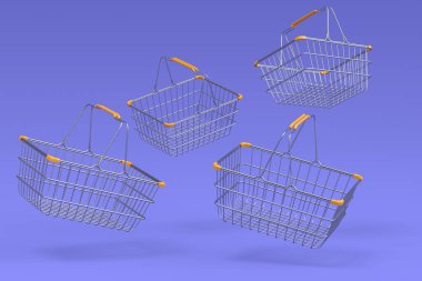 Menekşe arka planda süpermarketten uçan metal tel alışveriş sepeti seti. 3D canlandırma konsepti online alışveriş ve Kara Cuma indirimi