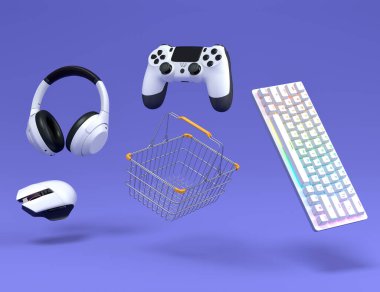 Fare, klavye, joystick, kulaklık, VR kulaklık gibi uçan oyun aletleri. Mor arka planda plastik sepetteki web kamerası. 3D satış, alışveriş ve canlı yayın için aksesuar teslimatı