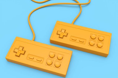 Tek renkli mavi arka planda eski bilgisayar oyun kumandası joystick. Eski dikdörtgen oyun alanı 3d canlandırma kavramı.