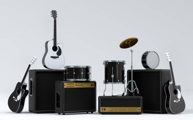 Elektrikli akustik gitarlar, amplifikatörler ve beyaz arka planda metal zilleri olan davullar. 3D müzik perküsyon enstrümanı, bateri makinesi ve heavy metal gitarlı bateri seti