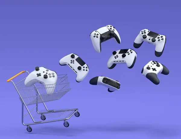 Set of flying gamer joysticks or gamepads in shopping carts on violet background. 3d render concept of sale, discount, shopping and delivery of accessories for live streaming concept top view