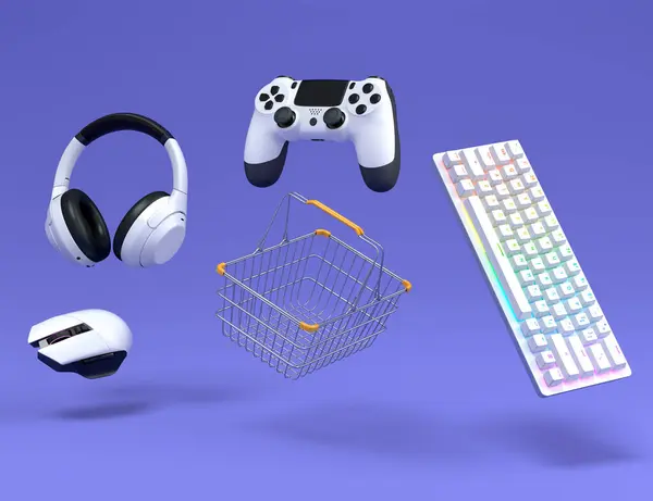 Flying gamer gears like mouse, keyboard, joystick, headset, VR Headset. web camera in plastic basket on violet background. 3d render of sale, shopping and delivery of accessories for live streaming