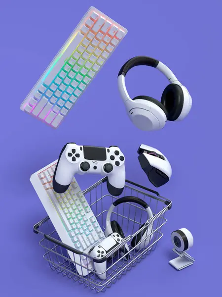 Gamer gears like mouse, keyboard, joystick, headset, VR Headset in metal wire basket on violet background. 3d render concept of sale, discount, shopping and delivery of accessories for live streaming