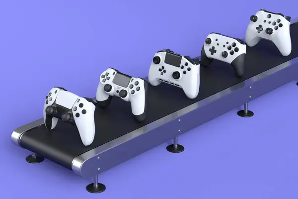 Set of gamer joysticks or gamepads on factory line on violet background. 3d render concept of sale, discount, shopping and delivery of accessories for live streaming concept top view