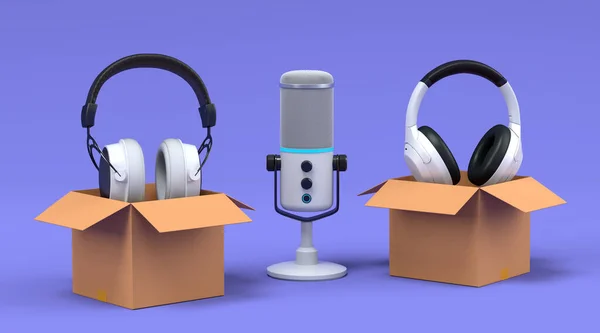 Set of gamer headphones and microphone in cardboard box on violet background. 3d render concept of sale, discount, shopping and delivery of accessories for live streaming concept top view