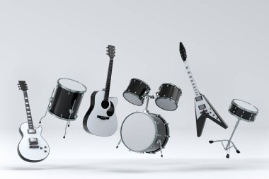Elektrikli akustik gitarlar ve beyaz arka planda metal zilleri olan davullar. Rock festivali için üç boyutlu müzik enstrümanı, bateri ve heavy metal gitarın yorumcusu.