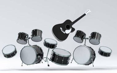 Elektrikli akustik gitarlar ve beyaz arka planda metal zilleri olan davullar. Rock festivali için üç boyutlu müzik enstrümanı, bateri ve heavy metal gitarın yorumcusu.