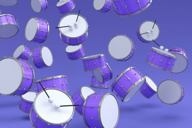 Birçok uçan davul menekşe arka planda. 3D render müzik perküsyon enstrümanı, davul makinesi ve bateri seti