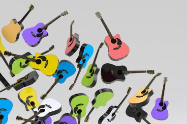 Birçok uçan akustik gitar beyaz arka planda izole edilmiştir. Müzik dükkanı için İspanyol gitarlı rock festivali posterinin 3D canlandırması