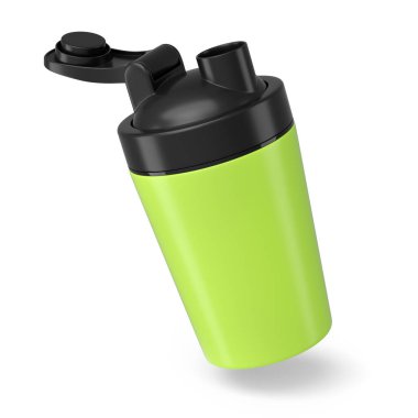 Beyaz arka planda izole edilmiş protein içeceği için yeşil plastik karıştırıcı. Spor gıda kokteyl kabının 3 boyutlu sunucusu