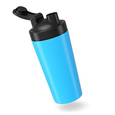 Beyaz arka planda izole edilmiş protein içeceği için mavi plastik karıştırıcı. Spor gıda kokteyl kabının 3 boyutlu sunucusu