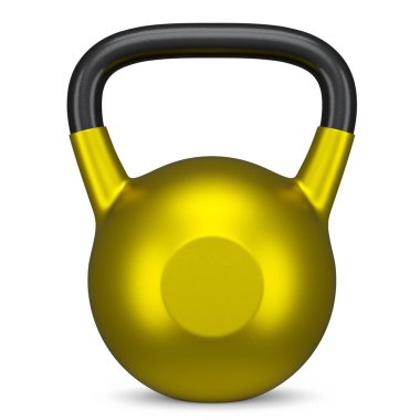 Beyaz arka planda izole edilmiş spor salonu altın su ısıtıcısı. Spor malzemelerinin fitness ve powerlift için 3D yorumlaması