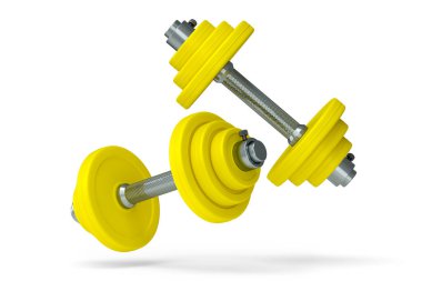 Beyaz arka planda sarı diskleri olan bir çift dambıl. Spor malzemelerinin fitness ve powerlift için 3D yorumlaması