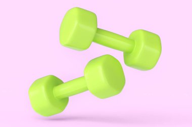 Pembe arka planda izole edilmiş bir çift lastik yeşil dambıl. Spor malzemelerinin fitness ve powerlift için 3D yorumlaması