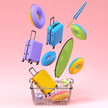Plaj aksesuarları ve pembe arka planda uçan alışveriş sepeti olan renkli bavullar. Yaz tatili konsepti ve tatillerinin 3 boyutlu canlandırması