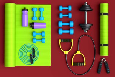 Yoga minderi, kettlebell, fitness topu ve kırmızı arka plandaki akıllı saatler gibi spor malzemelerinin farklı bir görüntüsü. Güç kaldırma ve zindelik kavramının 3 boyutlu canlandırması