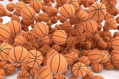 Birçok uçan turuncu basketbol topu beyaz arka plana düşüyor. Takım oyunu, egzersiz ve yarışma için 3D spor aksesuarları hazırlamaName