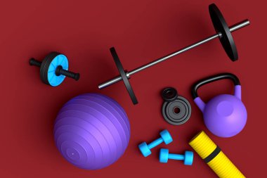 Yoga minderi, kettlebell, fitness topu ve kırmızı arka plandaki akıllı saatler gibi spor malzemelerinin farklı bir görüntüsü. Güç kaldırma ve zindelik kavramının 3 boyutlu canlandırması