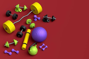 Yoga minderi, kettlebell, fitness topu ve kırmızı arka plandaki akıllı saatler gibi spor malzemelerinin farklı bir görüntüsü. Güç kaldırma ve zindelik kavramının 3 boyutlu canlandırması