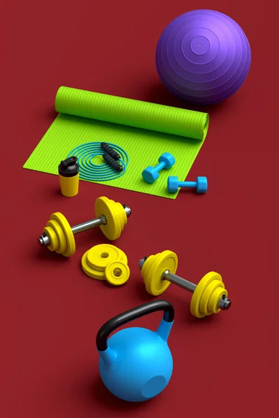 Isometric view of sport equipment like yoga mat, kettlebell, fitness ball and smart watches on red background. 3d render of power lifting and fitness concept