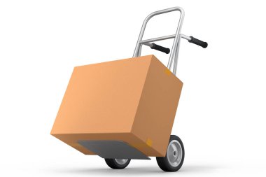 Havaalanı bagaj vagonu ya da bagaj vagonu tarafında yığınla karton kutu ya da beyaz arka planda karton kutu. Havaalanı veya depo servisinin 3d oluşturma ögesi