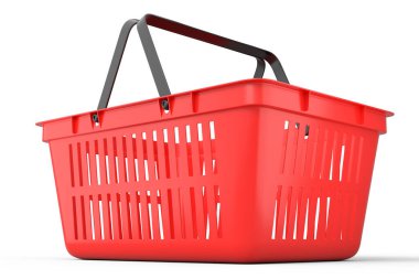 Plastic shopping basket from supermarket on white background. 3d render concept of online shopping andblack friday sale