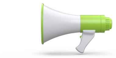 Beyaz arka planda megafon izole edilmiş. 3D alışveriş ve reklam fikri, işe alım kavramı