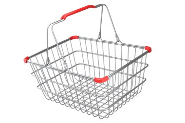 Beyaz arka planda süpermarketten metal tel alışveriş sepeti. 3D canlandırma konsepti online alışveriş ve Kara Cuma indirimi