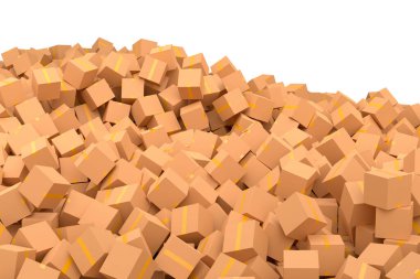 Beyaz arka planda izole edilmiş bir yığın karton kutu ya da hediye kutusu. 3D ekspres teslimat kavramı depo, paket taşımak ve çevrimiçi alışveriş